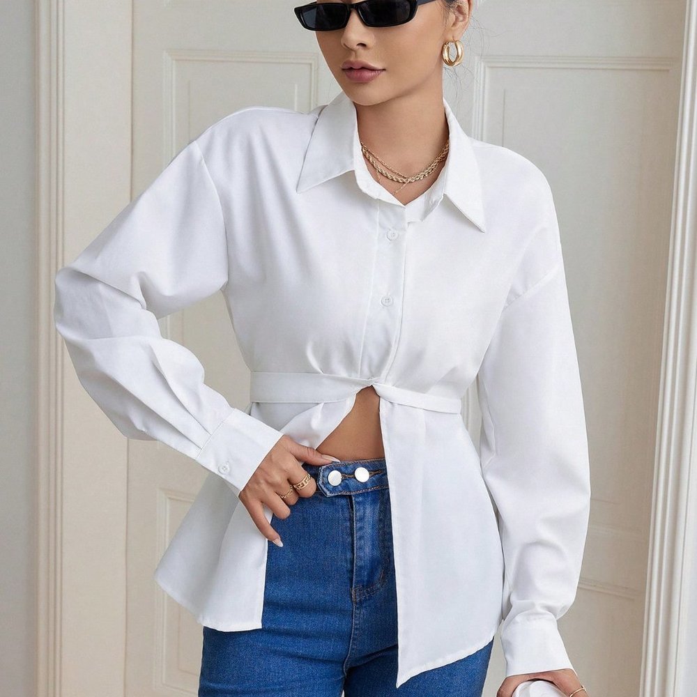 White Casual Womens Solid Button Front Belted Shirt - Picture 6 of 6